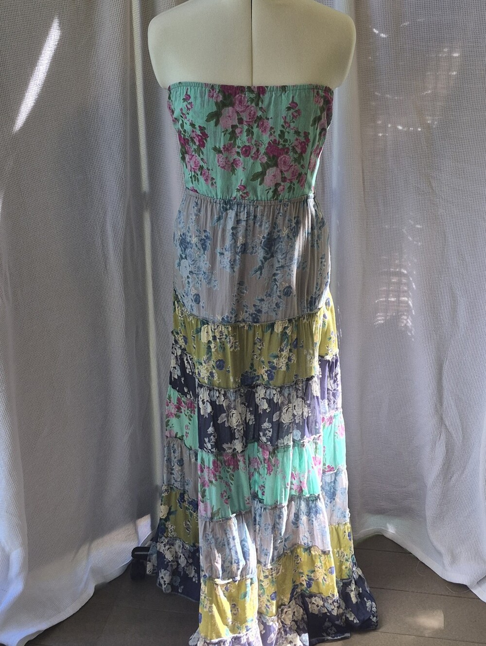 Mixed Floral Tiered Maxi Dress in Mint, Olive, Gray and Beige